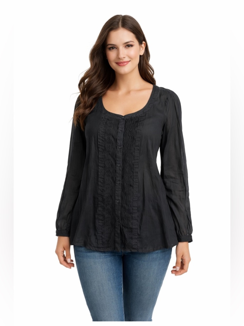 Free People Black Long Sleeve Lace Button-Up Tunic Blouse
